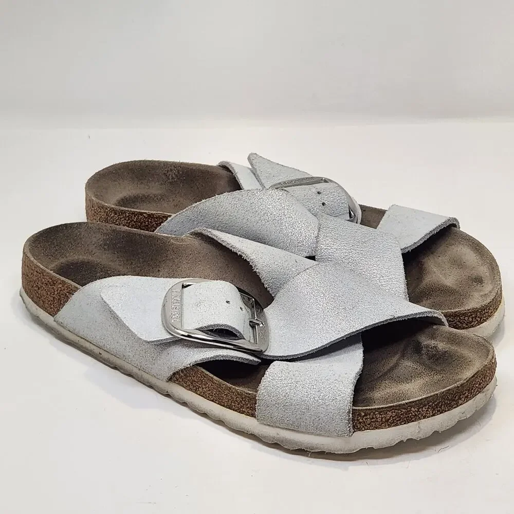 Birkenstock Siena Big Buckle Sandal Crossed Strap White Metallic Suede Size 41 - Picture 1 of 9